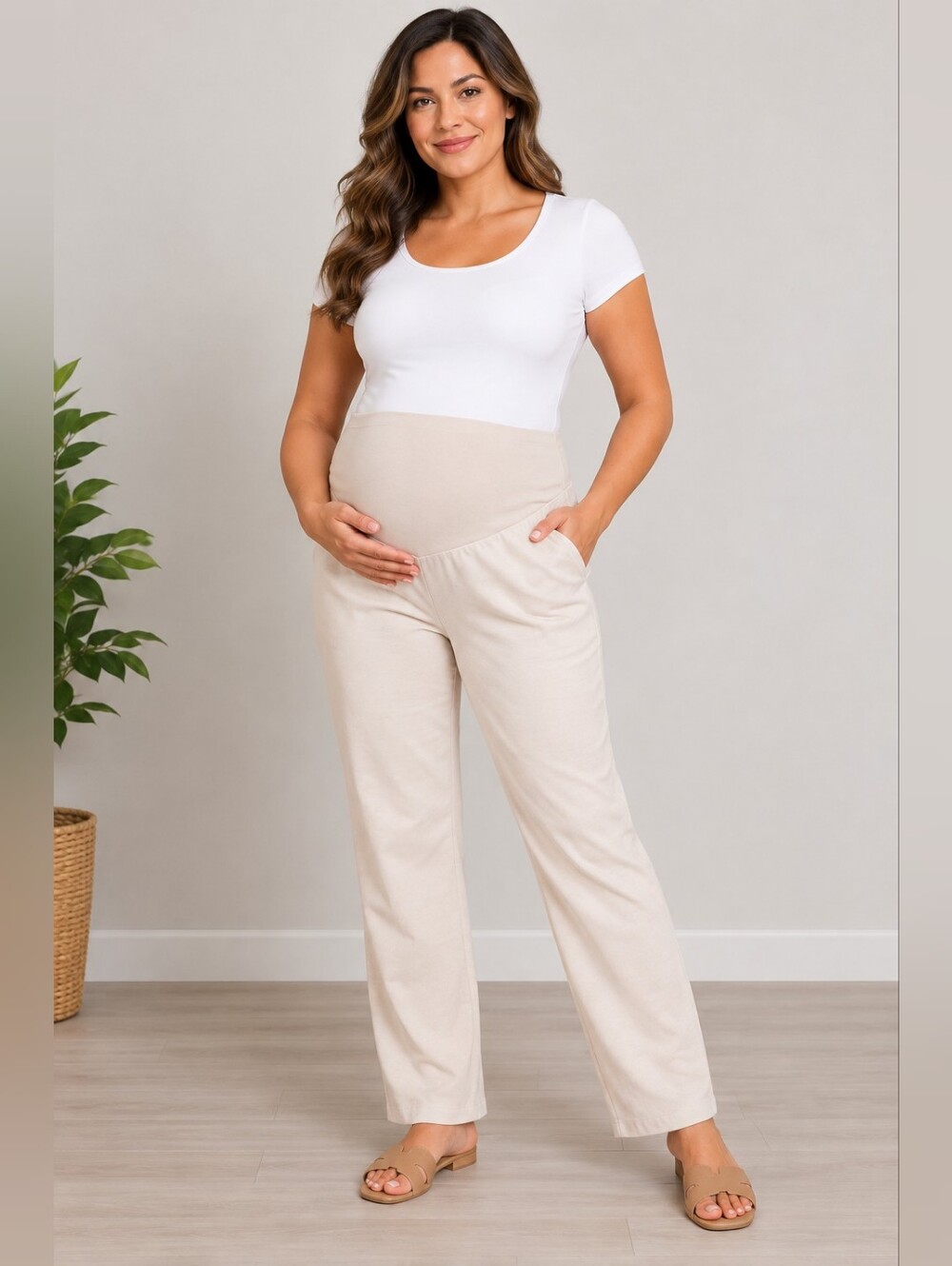 Motherhood Maternity Cream Pants Petite Small PS Over Belly Stretch Straight Leg